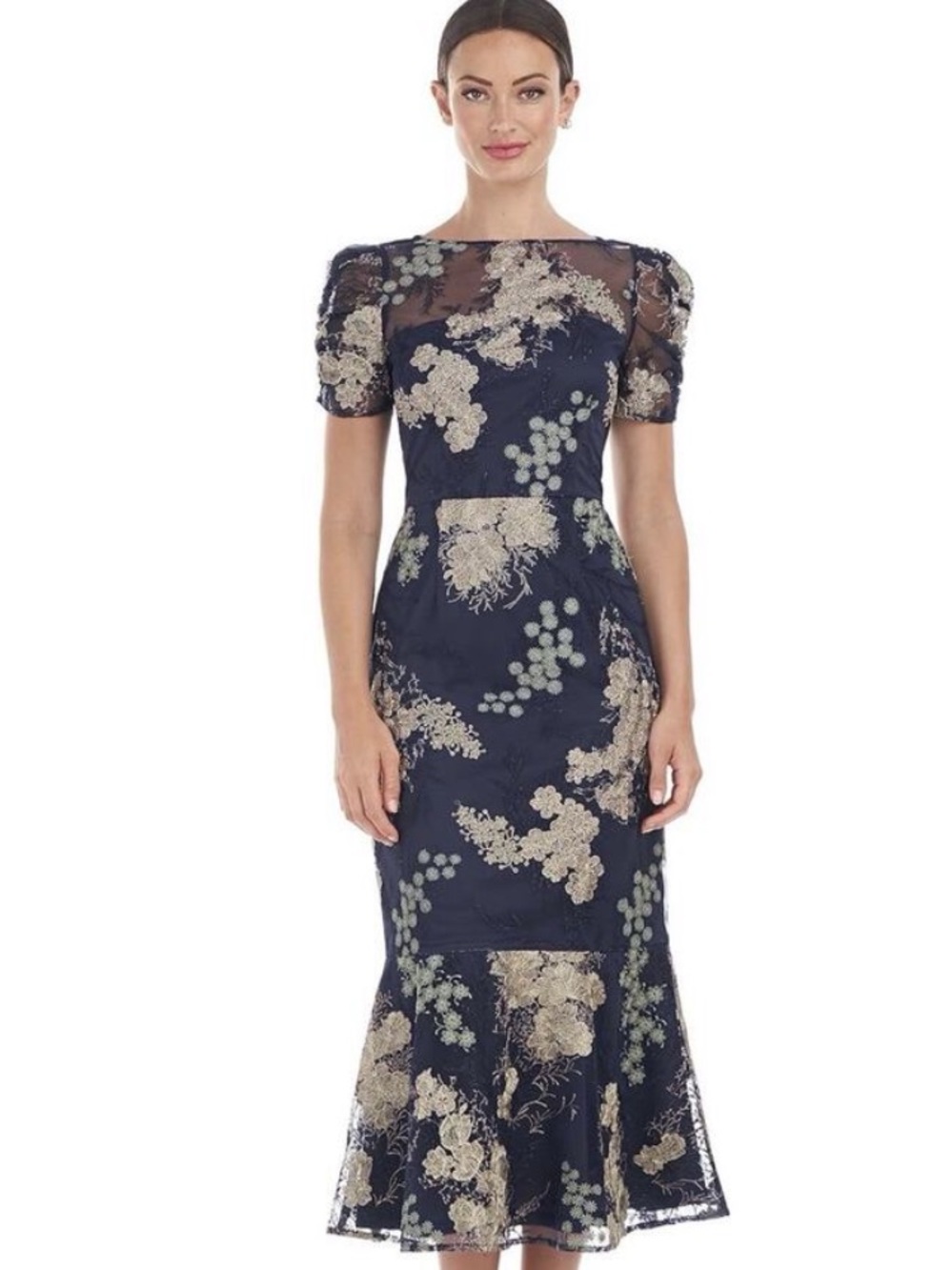JS Collections Navy Dress with Gold Floral Lace NEW $288 size 18 wedding bride